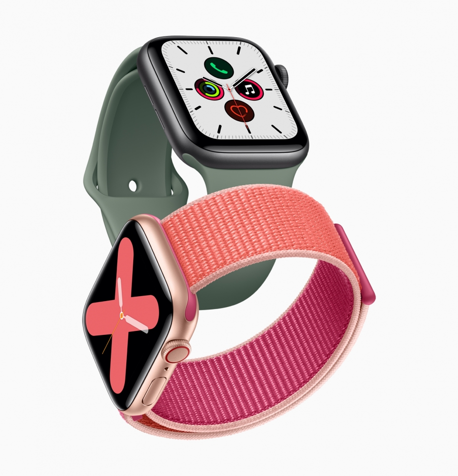 Apple_watch_series_5-gold-aluminum-case-pomegranate-band-and-space-gray-aluminum-case-pine-green-band-091019.jpg